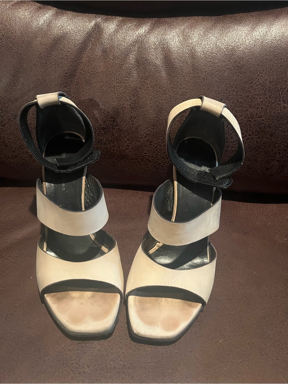 Balenciaga Beige and Black Strappy Block Heel Sandals